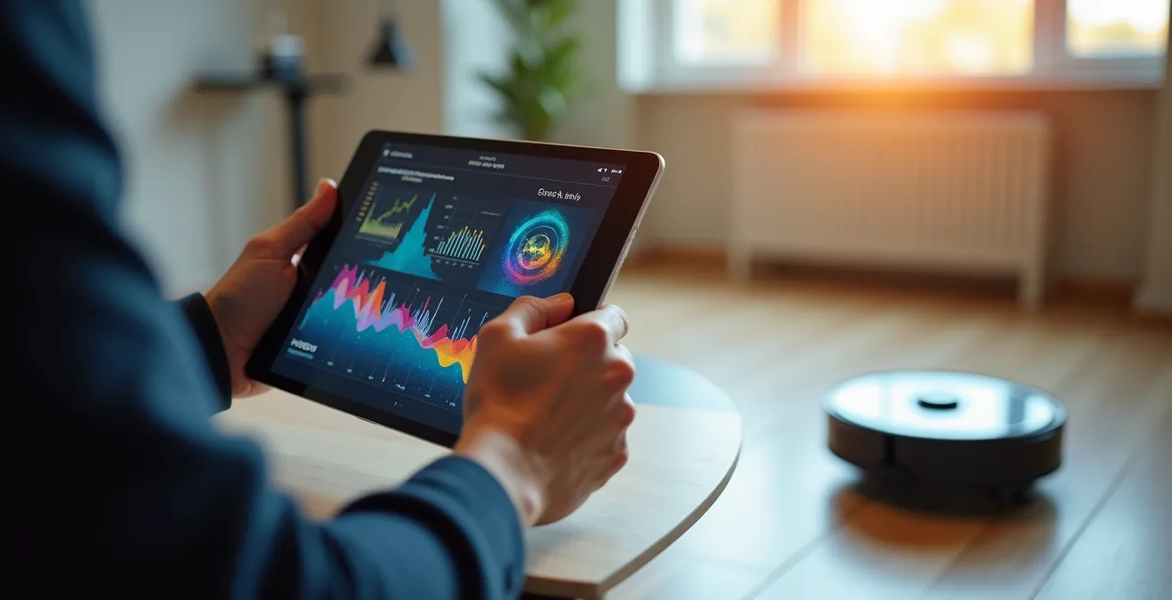 Personne analysant des graphiques d'économies sur tablette avec robot aspirateur en arrière-plan