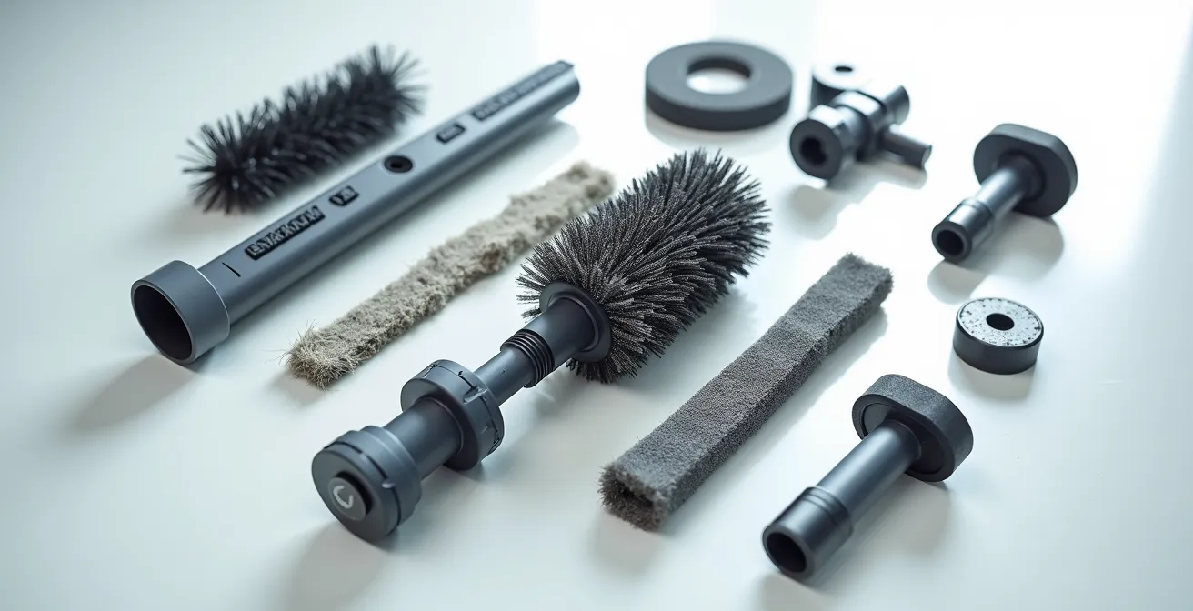 Détail des brosses et composants d'un robot aspirateur lors de la maintenance