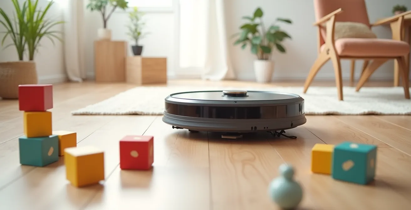 Robot aspirateur nettoyant autour de jouets d'enfants éparpillés